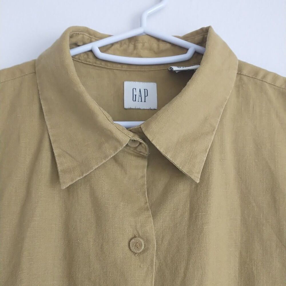 Gap Top Blouse Shirt Womens L Camel Sleeveless 100% Linen Buttons Collared - Picture 2 of 6